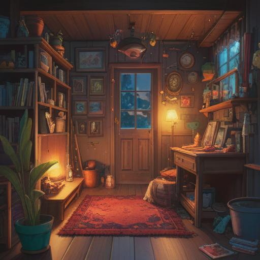 A serene and mystical scene of a family home, cluttered yet filled with memories, symbolic objects representing emotional ties, soft light filtering through windows, gentle aura of comfort and nostalgia, items carefully arranged to reflect personal history and spiritual growth, inviting ambiance, tranquil energy, 4k