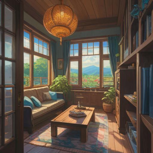 A serene and peaceful scene depicting a family home in Aichi Prefecture, sunlight streaming through the windows, a transformative moment of decluttering, spiritual symbols subtly integrated, vibrant colors representing positive energy, family members engaged in the activity, an aura of tranquility and renewal, Japanese traditional elements, nature outside the window, harmonious atmosphere, 4k