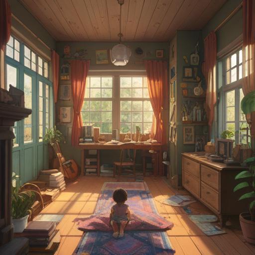 A serene indoor scene of a family home being decluttered, warm sunlight streaming through the window, various spiritual symbols scattered around, a gentle aura surrounding the space, a person thoughtfully responding to signs, nostalgic memories captured in old photographs, nature elements like plants, peaceful atmosphere, meaningful objects representing personal history, 4k