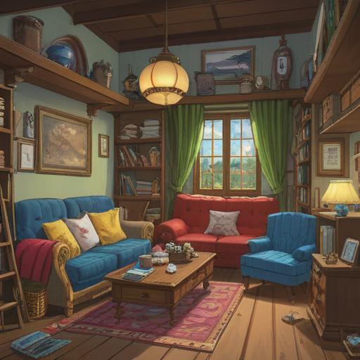 A cozy scene of a family home in Aichi Prefecture, cluttered living room filled with nostalgic items, family members working together to declutter, lucky charms like omamori and traditional Japanese decorations, warm light streaming through the windows, a sense of togetherness and love, everyday life, emotional connection, 4k