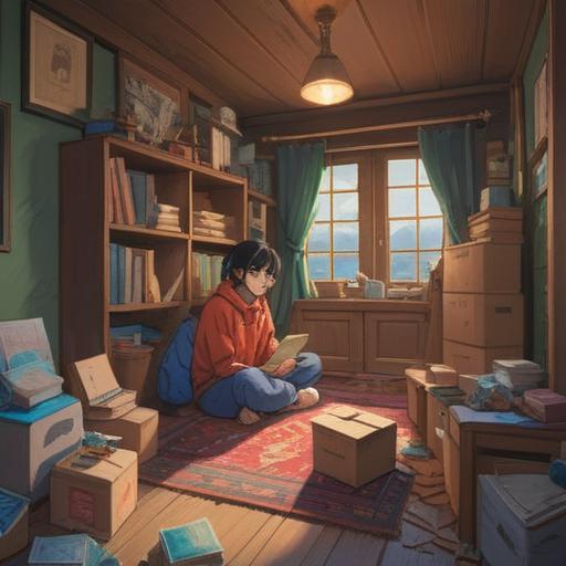 An illustration of a cozy family home filled with boxes and clutter, a person sitting in the center with a thoughtful expression, surrounded by memories, like old photos and childhood toys, warm light filtering through the window, a sense of determination and nostalgia in the air, clutter gradually being organized into neat piles, inviting atmosphere, 4k