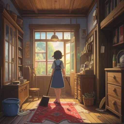 A serene scene of a person cleaning and organizing a traditional family home, sunlight streaming through dusty windows, surrounded by cherished family memories and artifacts, representing personal growth and emotional release, peaceful atmosphere, symbolic of letting go and healing, 4k