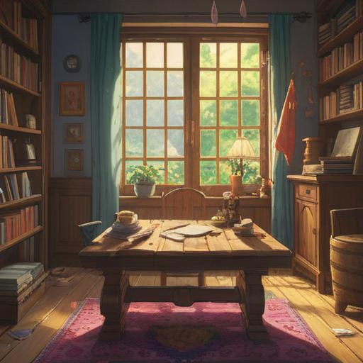 A tranquil scene depicting a tidy room after cleaning, highlighting a shining lucky stone on a wooden table, sunlight streaming through the window, soft shadows casting on the walls, a sense of peace and organization, warm colors, subtle details of family photos in the background, inviting atmosphere, 4k