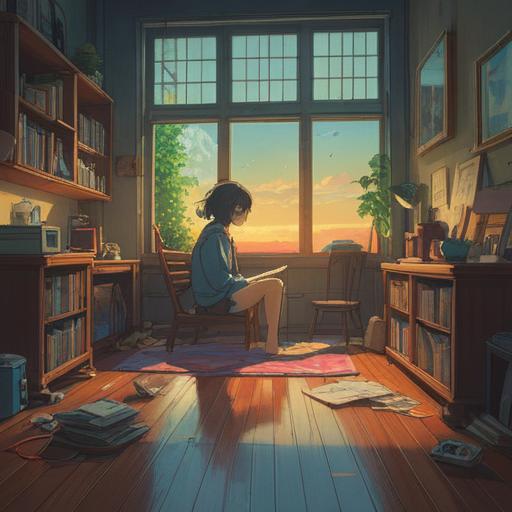 A serene and reflective indoor scene, a tidy and organized living space, sunlight streaming through the windows, a person sitting on the floor surrounded by neatly stacked boxes, moments of contemplation, signs of a fresh start, warm and inviting colors, a sense of clarity and renewal, 4k