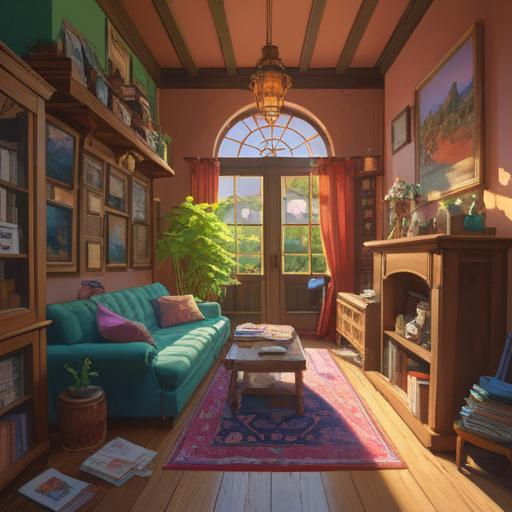 A serene illustration of a cozy family home being decluttered, sunlight streaming through the windows, items being lovingly sorted, symbols of spiritual renewal around, a sense of peace and clarity in the atmosphere, harmonious colors, uplifting energy, detailed family mementos, 4k