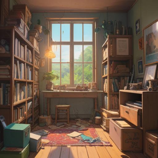 A serene living room filled with boxes and old memories, sunlight streaming through the window, a person thoughtfully sorting through belongings, subtle spiritual symbols appearing in the environment, soft glowing orbs representing energy, a sense of clarity and reflection, evoking a feeling of letting go, 4k