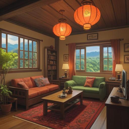 A cozy living room scene in a traditional Japanese home, adorned with lucky items for comfort, warm lighting, inviting furnishings, vibrant plants, a sense of nostalgia, family photos on the walls, a tatami mat, soothing atmosphere, elements of luck like lucky cats and tokens, 4k