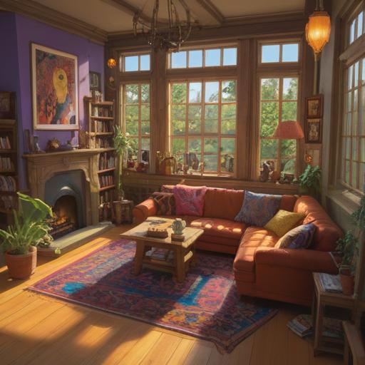 A cozy living room filled with colorful items, vibrant cushions and rugs, a warm family atmosphere, sunlight streaming through the windows, a table adorned with cheerful decorations, plants adding life to the space, playful artwork on the walls, a sense of joy and comfort, inviting details throughout the room, 4k