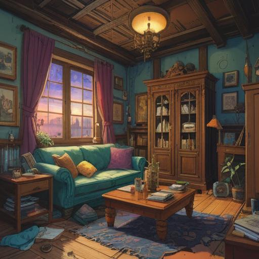 A cluttered and messy living room, symbolic of spiritual stagnation, disordered furniture scattered carelessly, dust and cobwebs in the corners, dim lighting casting shadows, a sense of confusion and lost energy, neglected personal items representing past memories, muted color palette, evocative atmosphere, 4k