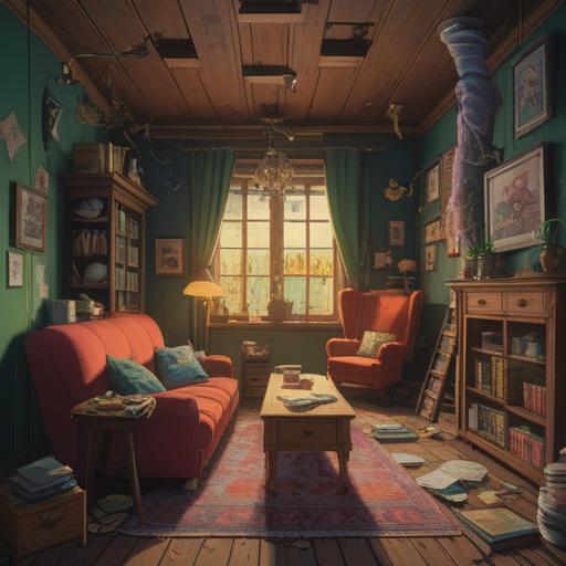 A chaotic living room filled with clutter, dusty old furniture, scattered belongings, dim lighting, a sense of neglect, signs of spiritual energy lingering, subtle orbs of light floating, unaddressed emotional weight, shadows hinting at unresolved issues, a reminder to reconnect with oneself, 4k