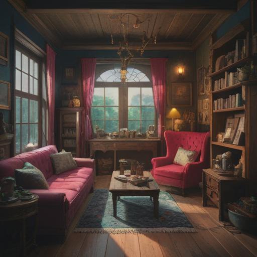 A cluttered living room filled with various spiritual items, dust-covered surfaces, old furniture, contrasting colors of light and shadow, a glowing crystal ball on a messy table, a stack of unread books on spirituality, warm sunlight filtering through dirty windows, an inviting yet chaotic atmosphere, symbolic items like incense, sage, and dreamcatchers scattered around, 4k