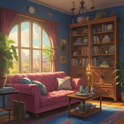 A serene and inviting living room scene, sunlight streaming through the window, organized shelves filled with cherished items, a comfortable sofa with neatly arranged pillows, a person happily sorting through belongings, a cup of tea on the table, peaceful atmosphere, emotional clarity, 4k