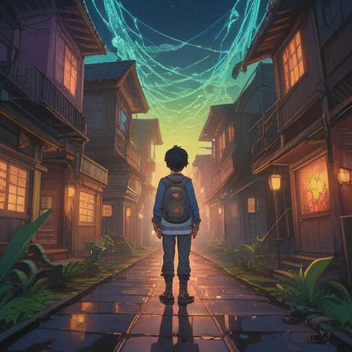 A surreal illustration of a person standing at a crossroads, feeling hesitant, contrasting symbols of home and freedom, ethereal lights representing spiritual energy, shadowy figures representing fears and doubts, dreamy landscape blending reality and imagination, emotional depth, 4k