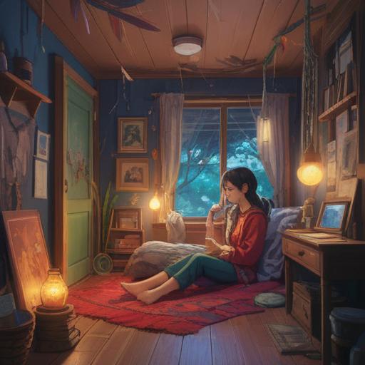 A thoughtful illustration depicting a person in a cozy room, deep in contemplation, surrounded by subtle spiritual symbols like feathers and dreamcatchers, a window showing a distant home with a slightly ominous sky, soft light filtering through, conveying inner conflict and hesitance, introspective mood, 4k