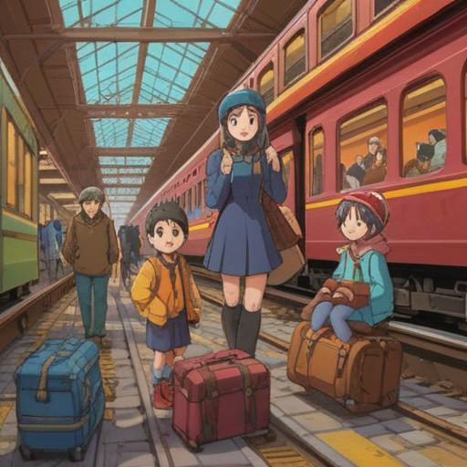 A bright and uplifting illustration of a family gathering at a train station, warm smiles, children playing with luggage, vibrant autumn colors, a train in the background, a sense of excitement and anticipation, joyful atmosphere, detailed facial expressions, 4k