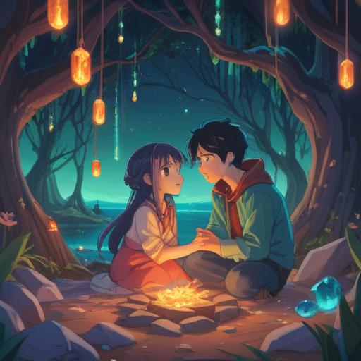 A magical scene showcasing a pair of intertwined lucky stones glowing with vibrant energy, surrounded by sparkling lights and soft, pastel-colored flowers, representing the blossoming love between two individuals, a serene and enchanting atmosphere, symbolizing harmony and connection, soft focus, intricate details, 4k