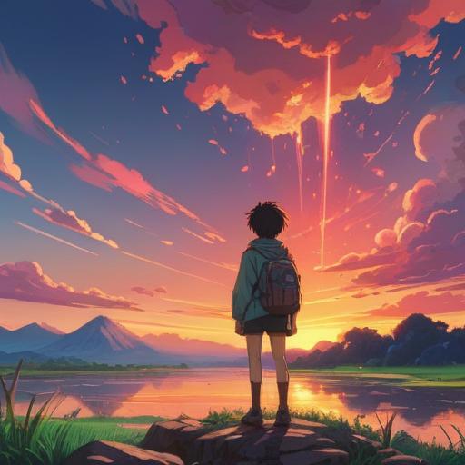 A serene and contemplative scene, a person gazing at a beautiful sunset, surrounded by vibrant colors in the sky, subtle signs of jealousy represented by dark clouds, a gentle breeze symbolizing awareness, spiritual symbols lightly illuminating the background, calming atmosphere, reflective mood, 4k