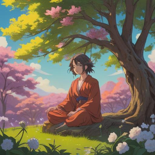 A serene scene depicting the transformation of jealousy into positive energy, a person meditating under a blooming tree, vibrant colors, gentle sunlight filtering through leaves, illustrating personal growth and mindfulness, harmonious environment, filled with uplifting symbols such as butterflies and flowers, 4k