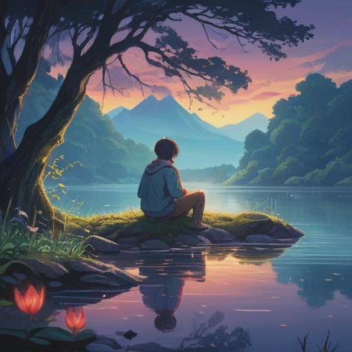A reflective and serene scene depicting a person sitting alone by a tranquil lake, surrounded by ethereal mist, symbolic elements representing emotional healing, soft glowing lights, abstract representations of love and loss, gentle ripples on the water's surface, a peaceful sunset backdrop, conveying a sense of introspection and spiritual growth, cinematic composition, 4k