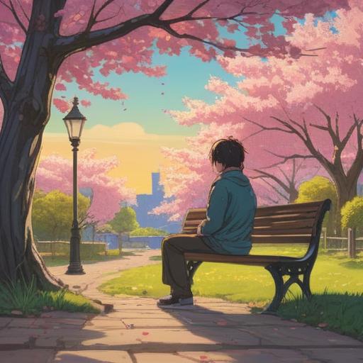 A serene illustration depicting a person sitting alone on a park bench, looking contemplative, surrounded by falling cherry blossom petals, soft sunlight filtering through the trees, a gentle breeze creating a peaceful atmosphere, symbolic imagery of rebirth and new beginnings, spiritual motifs such as a glowing aura or ethereal light, representing growth and self-discovery after heartbreak, 4k