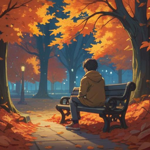 A contemplative scene depicting a person sitting alone on a park bench, surrounded by autumn leaves, reflecting on past relationships, subtle glowing orbs representing spiritual signs in the air, a sense of introspection, serene atmosphere, soft focus, warm colors, symbolic elements like broken hearts and feathers, 4k
