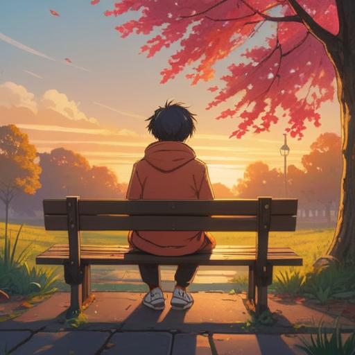 A serene and introspective scene, a person sitting alone on a park bench, gazing at a setting sun, symbolic broken heart imagery in the background, soft shadows cast by trees, gentle breeze rustling leaves, ethereal glow surrounding the individual, representation of healing and spiritual transformation, calm and reflective atmosphere, 4k