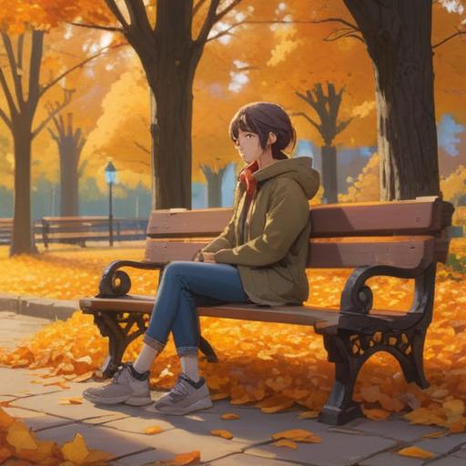 A serene illustration depicting a person sitting alone on a park bench, surrounded by autumn leaves, a gentle breeze, soft golden light filtering through trees, a subtle aura around them indicating spiritual awareness, symbols of heartache and healing floating in the air, presence of ethereal figures signifying guidance, vibrant yet soothing color palette, 4k