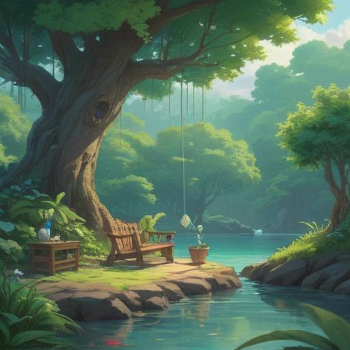 A serene landscape depicting a calm sanctuary for mental rejuvenation, lush greenery, gentle flowing water, a cozy reading nook under a tree, warm sunlight filtering through leaves, people meditating peacefully, a sense of tranquility, harmonious colors, inviting atmosphere, 4k
