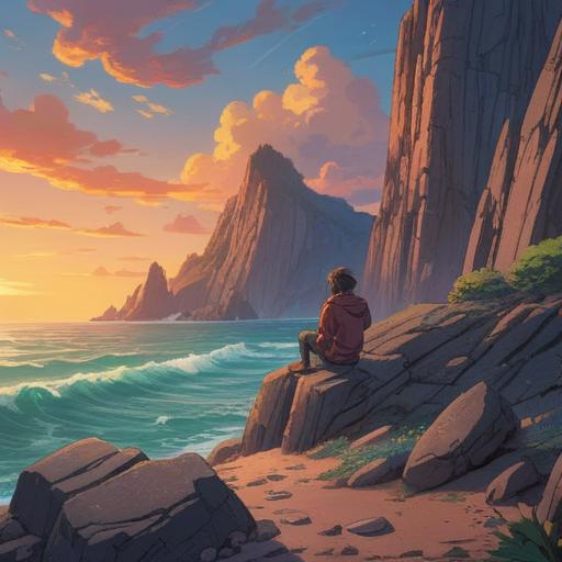 A contemplative scene depicting a person sitting alone on a rocky cliff, gazing at a vast and turbulent ocean, symbolic of ongoing struggles and failures, shimmering stars above representing hope and spiritual enlightenment, a soft glow illuminating their face, showcasing deep emotions, a blend of darkness and light, introspective atmosphere, 4k