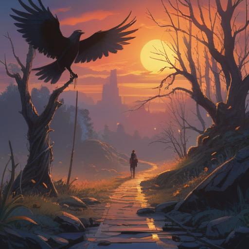 A mystical scene depicting spiritual signs of caution during times of failure, ethereal light illuminating a path, symbols of warning such as crows and flickering candles, a figure in contemplation surrounded by nature, the sky reflecting a sense of urgency, intricate details highlighting the atmosphere, serene yet tense, 4k