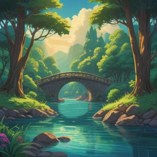 A serene and peaceful landscape, representing a state of spiritual non-attachment, gentle flowing river reflecting the sky, lush green trees symbolizing growth and freedom, soft light illuminating the scene, calm presence of a meditative figure sitting beside the water, tranquil atmosphere, harmony with nature, 4k