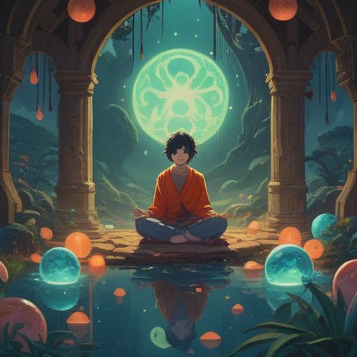 A serene landscape with gentle light, a person in meditation surrounded by ethereal orbs, symbols of peace and release, whispers of nature, fluttering leaves, a calming river flow, vibrant colors, a feeling of liberation, spiritual awakening, 4k