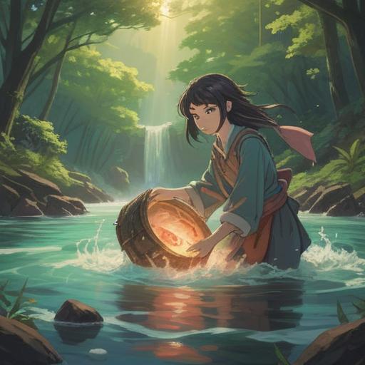 A serene scene depicting a person releasing their old lucky item into a flowing river, symbolizing the end of their attachment, soft sunlight filtering through the trees, peaceful atmosphere, gentle ripples in the water, a sense of freedom and relief, vibrant nature surrounding the riverbank, tranquil facial expression reflecting contentment, 4k