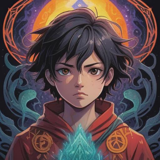 A mystical illustration depicting a person with an intense gaze, surrounded by ethereal aura, representing spiritual attachment, woven with metaphysical symbols, deep emotional connection, contrasting light and shadow, serene landscape in the background, vibrant colors, 4k