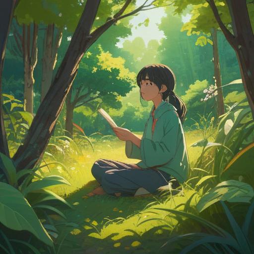 A serene illustration depicting a person practicing mindfulness in a peaceful nature setting, soft sunlight filtering through leaves, gentle breeze rustling the grass, serene facial expression, surrounded by blooming flowers, tranquil water reflection, vibrant colors, emphasis on relaxation and inner peace, 4k