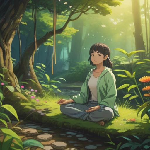 A serene and peaceful scene depicting a person meditating in nature, surrounded by lush greenery and blooming flowers, gentle sunlight filtering through the trees, a calm river flowing nearby, symbols of release and tranquility, ethereal light illuminating the figure, a sense of freedom from attachments, harmonious connection with the universe, 4k