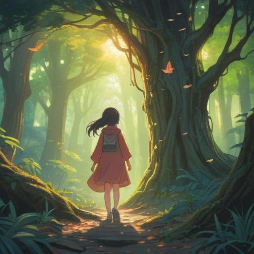 A tranquil scene depicting a person letting go of their attachments, surrounded by a serene environment, bright sunlight filtering through trees, a small lucky charm glowing softly in their hand, gentle breeze rustling leaves, feelings of liberation and peace, harmonious colors, uplifting atmosphere, 4k