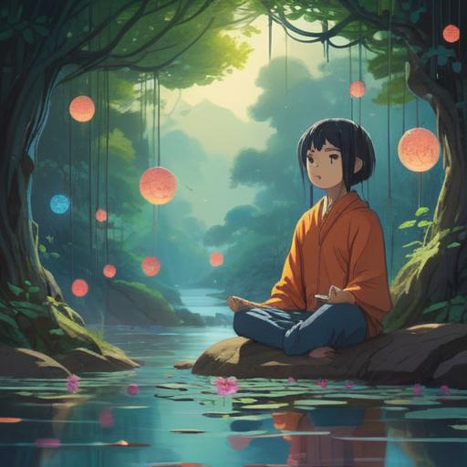 A serene illustration of a person meditating in a tranquil setting, surrounded by floating symbols of thoughts and worries being released, a gentle breeze carrying away burdens, soft light filtering through trees, peaceful atmosphere, harmonious colors, reflective mood, 4k
