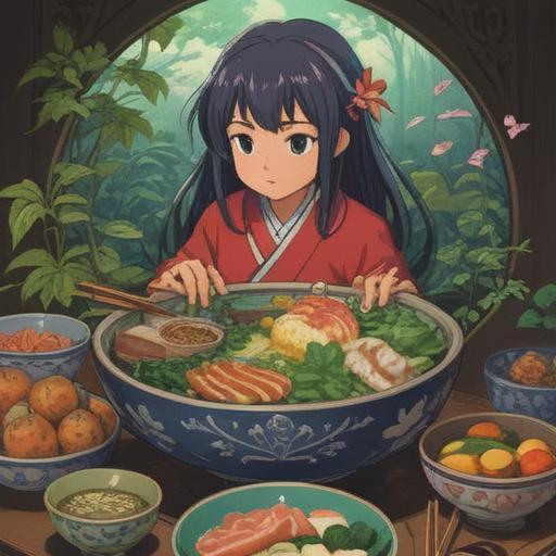 A serene and tranquil scene depicting a bowl of nanakusa-gayu, surrounded by the seven herbs used in the dish, each herb labeled with its spiritual symbolic meaning, a gentle steam rising from the bowl, traditional Japanese dining setting, soft morning light filtering through shoji screens, peaceful ambiance, 4k