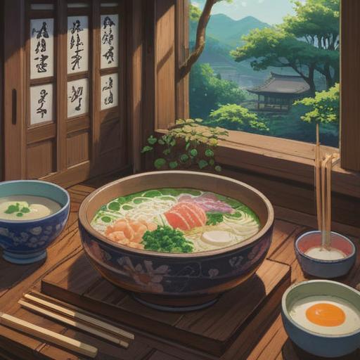 A serene and peaceful illustration of a traditional Japanese setting, featuring a bowl of nanakusa-gayu (seven herb rice porridge), surrounded by fresh green herbs, soft morning light filtering through shoji screens, a calming atmosphere, symbolic elements representing spiritual healing and renewal, delicate details of the ingredients, rustic wooden table, subtle floral arrangements, 4k