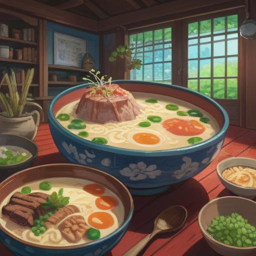 A serene and spiritual scene depicting the essence of nanakusa-gayu, traditional rice porridge with seven herbs, a peaceful kitchen setting, steaming bowl of nanakusa-gayu, fresh herbs displayed around, warm sunlight filtering through a window, calming atmosphere, subtle spiritual symbols in the background, gentle colors, inviting textures, 4k