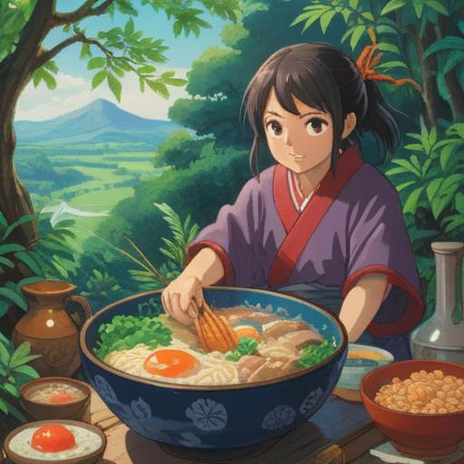 A joyful scene of a person indulging in nanakusa-gayu, surrounded by vibrant greenery, a steaming bowl of rice porridge filled with seven herbs, cheerful atmosphere, a feeling of good luck and fortune, sparkling effects around the character, bright colors, cultural elements of Japanese tradition, 4k