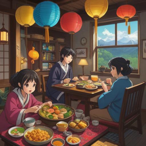 A peaceful New Year celebration scene, vibrant colors, traditional Japanese decorations, symbolic elements like lucky charms and rice cakes, families gathered together, joyful expressions, serene atmosphere, beautiful winter landscape with soft snow, warm lighting, 4k