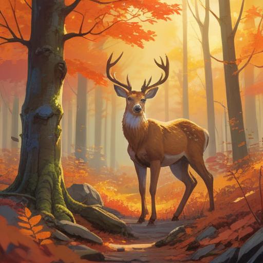 A serene forest scene featuring a majestic deer standing gracefully among vibrant autumn foliage, soft rays of sunlight filtering through the trees, embodying peace and spiritual awakening, surrounded by gentle mist, ethereal atmosphere, symbolic of connection to nature and intuition, tranquil moment, harmonious composition, 4k
