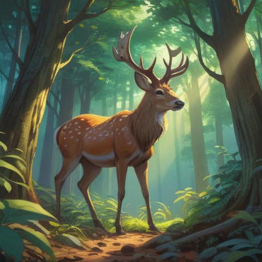 A serene forest scene featuring a majestic deer, surrounded by soft rays of sunlight filtering through the trees, highlighting the spiritual connection, gentle aura emanating from the deer, symbolism of guidance and intuition, vibrant greenery and wildflowers, tranquil atmosphere, ethereal light, 4k