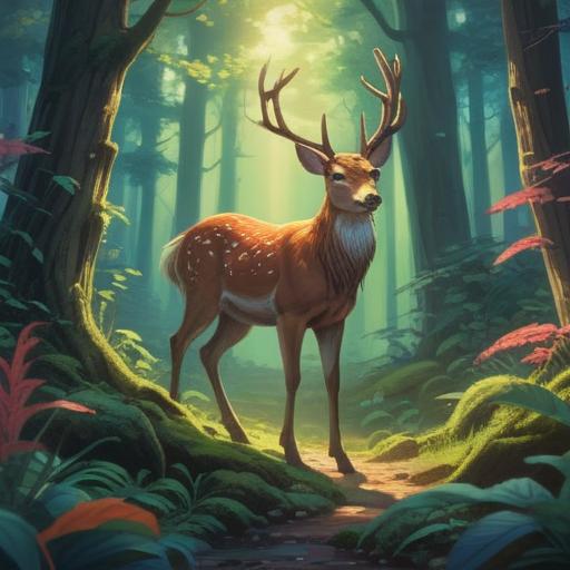 A serene forest scene, a majestic deer standing gracefully amid the trees, ethereal light filtering through the foliage, a sense of tranquility and spiritual presence, soft whispers of nature, subtle shimmering aura around the deer, symbols of guidance and intuition in the surroundings, captivating details of flora, 4k