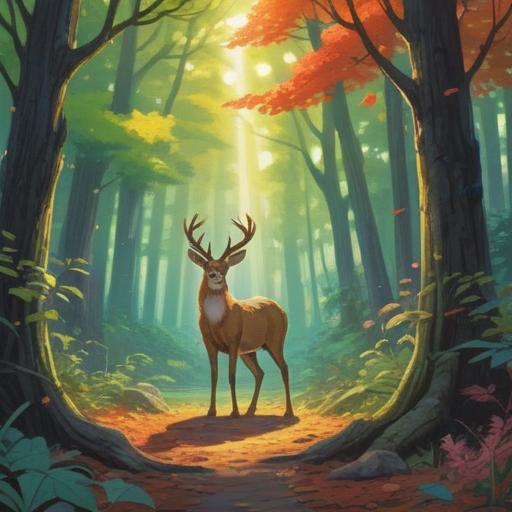 A serene forest scene, a deer gracefully standing under a canopy of trees, sunlight filtering through the leaves, a feeling of tranquility, lucky charm items scattered around, such as a four-leaf clover, shimmering stones, and feathers, warm and inviting atmosphere, vibrant colors, detailed nature backdrop, 4k