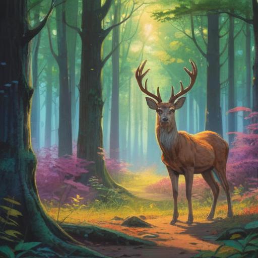 A serene forest scene, a majestic deer standing gracefully in a sunlit clearing, ethereal light filtering through the trees, surrounded by vibrant greenery and gentle flowers, mystical aura, symbolizes spiritual encounters and guidance, tranquil atmosphere, calming natural beauty, 4k