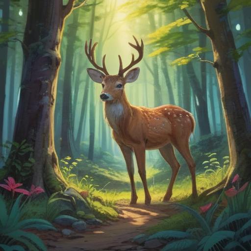 A serene woodland scene, a deer standing peacefully by the roadside, soft light filtering through the trees, warning signs subtly placed nearby, a mystical aura surrounding the deer, tranquil atmosphere, conveying a spiritual message about being cautious while driving, harmonious connection between nature and the road, 4k