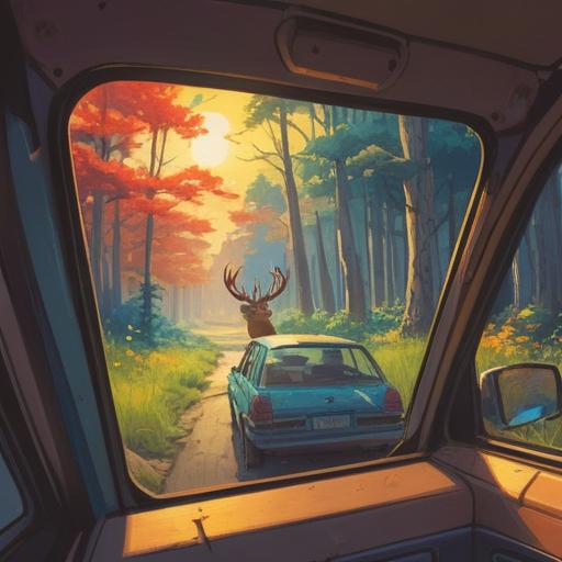 A serene landscape featuring a deer in the foreground, a symbolic lucky charm hanging from the rearview mirror of a car, sun rays filtering through lush trees, a tranquil road leading into the background, soft focus on the deer, vibrant autumn colors, peaceful ambiance, 4k